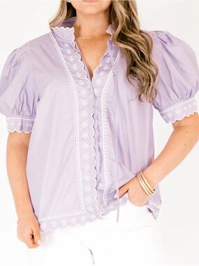 Scalloped Lace-Trim Puff Sleeve Top - Lavender Women's Size 3X